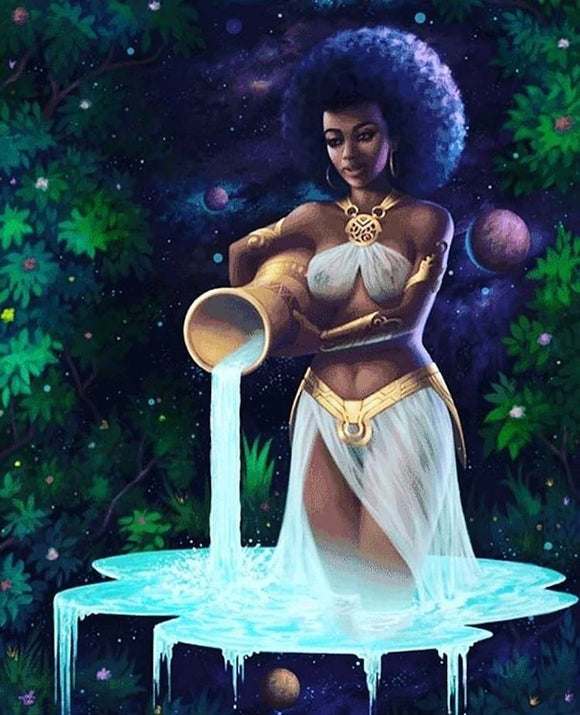 gamme produits fertilite femme noire afro habillee en blanc deesse grecque verse calebasse cruche rempli eau nature kemet market