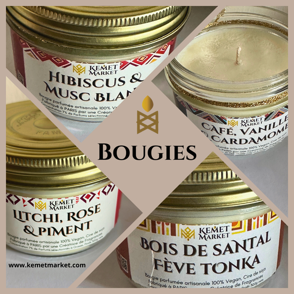 bougies exotiques artisanales naturelles sans paraffine musc blanc hibiscus litchi rose piment bois santal feve tonka-meilleures-ventes-kemet-market