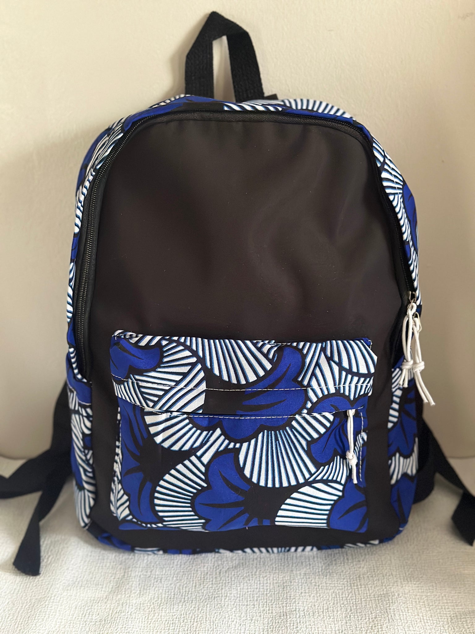 Sac à dos wax africain, pagne tissu Fleur de Mariage bleu et blanc