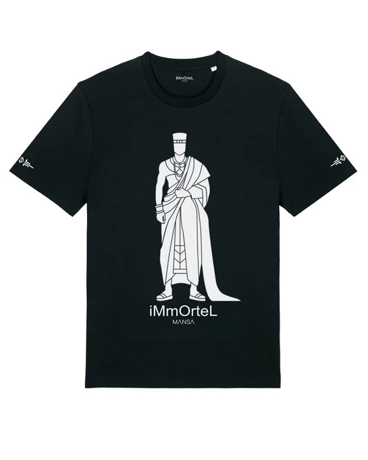 T.shirt homme coton bio dessin homme africain tenue traditionnelle akan Ashanti roi pagne couronne noir blanc marque immortel paris kemet market