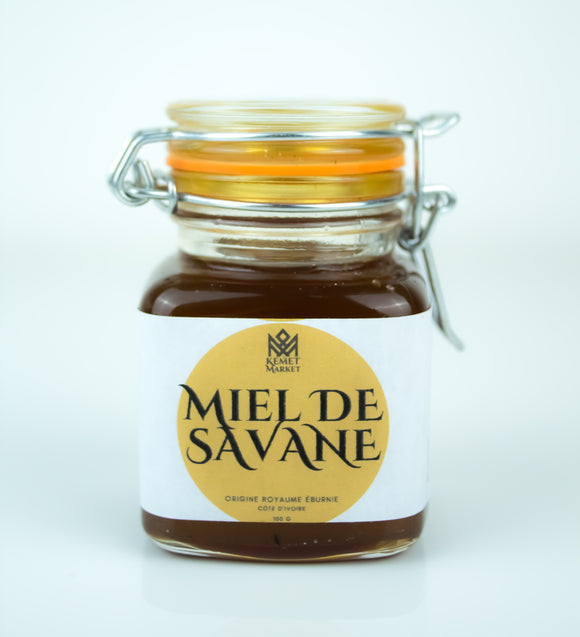 Pot en verre de miel naturel afrique doré, onctueux, extrait de la savane ivoirienne, avec des textures florales 100g produits africain