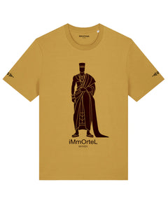 T.shirt homme coton bio dessin homme africain tenue traditionnelle akan Ashanti roi pagne couronne or dore ocre marque immortel paris kemet market