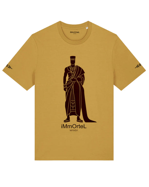 T.shirt homme coton bio dessin homme africain tenue traditionnelle akan Ashanti roi pagne couronne or dore ocre marque immortel paris kemet market