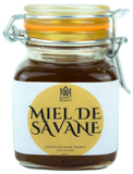 Pot en verre de miel naturel afrique doré, onctueux, extrait de la savane ivoirienne, avec des textures florales 100g produits africain logo rond