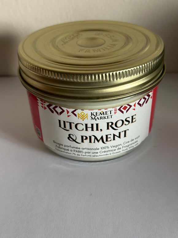 Bougie artisanale parfumée Litchi - Rose & Piment. Cire naturelle de soja. Bougies Afro exotiques. Bougies Made in France. 