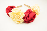 Serre-tête Couronne de fleurs Satin rouge jaune clair poussin Artisanal idée cadeau marque Heiana Kemet Market