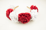 Serre-tête Couronne de fleurs Satin rouge blanc Artisanal idée cadeau marque Heiana Kemet Market
