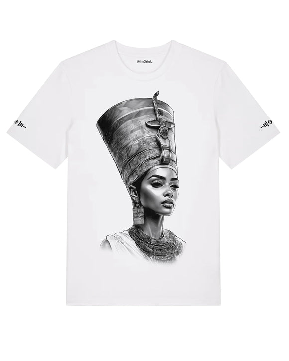 T. Shirt blanc, Dessin, d’une reine Égyptienne avec sa grande couronne « pharaonique » de Kemet. T. Shirt unisexe made in France