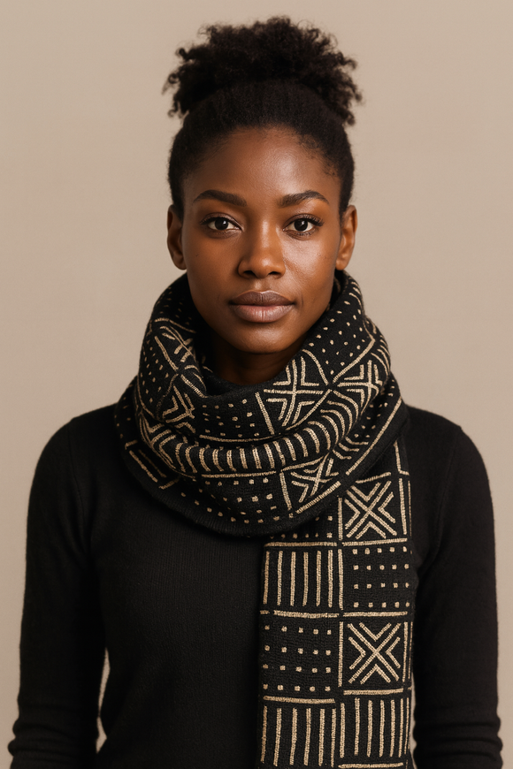 Écharpe femme homme bogolan Mali noir et blanc cassé beige écru 